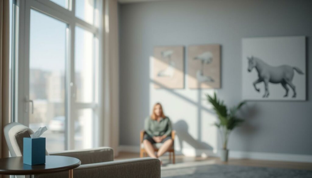 A tranquil, well-lit counseling room with soft, natural lighting filtering through large windows. In the foreground, a comfortable armchair and a side table with a box of tissues, conveying a sense of warmth and support. In the middle ground, a person-shaped silhouette seated, representing a person seeking help. The background features calming, abstract artwork on the walls, creating a soothing, non-judgmental atmosphere. The overall tone is one of empathy, care, and a safe space for those struggling with addiction to find the resources and guidance they need.