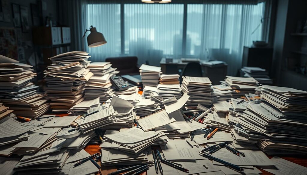 A vast, cluttered desk overflowing with disorganized paperwork, crumpled contracts, and scattered pens. Haphazard stacks of documents and folders, each representing an unwieldy rental agreement, spilling across the surface. The desk is illuminated by a harsh, overhead light, casting dramatic shadows and emphasizing the chaotic, overwhelming nature of the scene. In the background, a blurred, out-of-focus window suggests a larger, gloomy office space, further conveying a sense of financial distress and professional disarray. The overall atmosphere is one of administrative disorganization, financial complexity, and the strain of managing a struggling business.