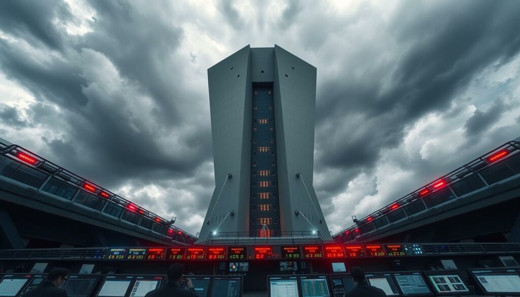 A vast, imposing structure looms against a stormy sky, its sleek, angular design a testament to its purpose. Flashing lights and blinking displays convey a sense of urgency, as if the system is constantly monitoring and prepared to sound the alarm. In the foreground, a series of screens and control panels, manned by attentive operators, their faces illuminated by the glow of the displays. The atmosphere is tense, the air thick with anticipation, as the system stands vigil, ready to warn of the impending danger. Wide-angle lens captures the scale and grandeur of this critical infrastructure, its significance underscored by the ominous clouds gathering overhead.