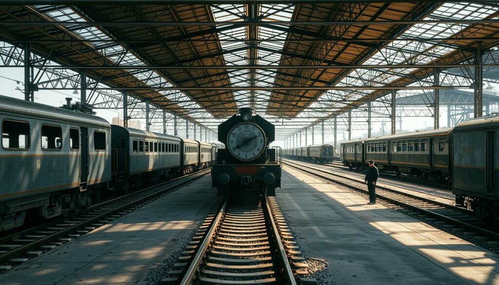A vast marshaling yard at a major railway terminus, with rows of idle locomotives and passenger carriages lining the weathered concrete tracks. Dappled sunlight filters through the metal lattice of the overhead canopy, casting long shadows across the well-worn rails. The air carries the faint scent of diesel and creosote, a symphony of mechanical hums and the occasional hiss of compressed air. In the distance, a solitary figure inspects the undercarriage of a dormant train, surrounded by the quiet decay of disused infrastructure - a testament to the ebb and flow of technological progress. This is the bittersweet tableau of the railway siding, where the once-mighty beasts of steam and steel now slumber, awaiting their uncertain fate.