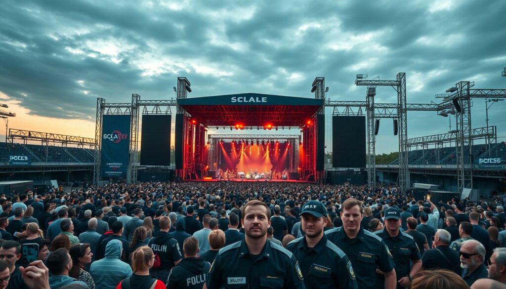 A vast open-air concert venue, with a massive stage and towering speakers set against a dramatic sky. In the foreground, a bustling crowd of concertgoers, their faces lit by the glow of their phones as they capture the moment. In the middle ground, a team of security personnel, their uniforms crisp and their expressions focused, maintaining a watchful eye over the proceedings. The background features a network of barricades, checkpoints, and surveillance cameras, all working in harmony to ensure the safety and security of the event. The lighting is a mix of warm stage lights and cool, overcast daylight, creating a sense of tension and anticipation. The overall mood is one of controlled chaos, with the thrum of the music and the energy of the crowd balanced by the calm professionalism of the security team.