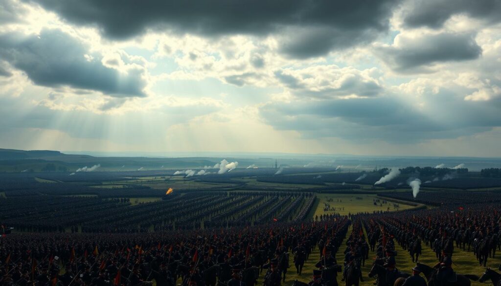A vast, sprawling battlefield at Königgrätz, the culmination of a major 19th century European conflict. In the foreground, legions of disciplined infantry in full dress uniforms, muskets at the ready, arranged in tight formations. In the middle ground, squadrons of cavalry on majestic steeds, sabers gleaming, poised to charge. In the distance, thunderous artillery batteries, billowing smoke obscuring the horizon. Overhead, a dramatic sky filled with dark, ominous clouds, casting dramatic lighting upon the scene. The composition conveys the scale, power, and tension of a decisive historical battle, captured with meticulous detail and cinematic flair.