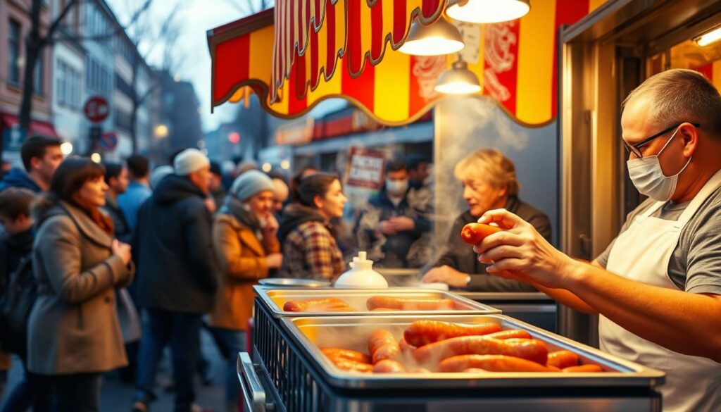 A vibrant Currywurst Imbiss stand in the heart of Magdeburg, Germany. The classic metal stand with its bright red and yellow striped awning stands out against the urban backdrop. In the foreground, a gleaming metal container holds the savory currywurst sausages, steam rising as they're served fresh. The vendor, wearing a crisp white apron, skillfully ladles the signature curry sauce over the sausages. Customers line up eagerly, drawn by the enticing aroma of spices and grilled meat. The scene is bathed in warm, golden light, evoking the comforting nostalgia of a neighborhood Imbiss. The Currywurst Imbiss is a beloved Magdeburg institution, a testament to the enduring legacy of this iconic German street food.