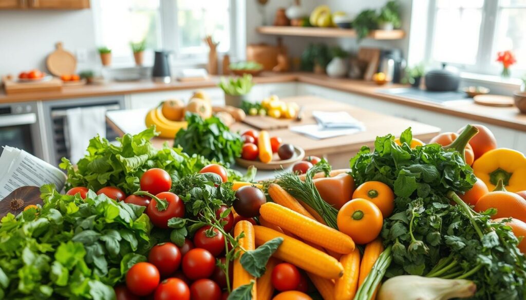 A vibrant, appetizing scene of healthy recipes without compromise. In the foreground, an array of fresh, colorful ingredients - crisp vegetables, ripe fruits, and aromatic herbs. In the middle ground, a rustic wooden table with a scattering of recipe cards and kitchen utensils, suggesting the process of culinary creation. The background features a bright, airy kitchen, with natural light streaming in through large windows, creating a warm, inviting atmosphere. The overall mood is one of balance, wellness, and the joy of nourishing, delicious food. Captured with a soft, slightly hazy lens to evoke a sense of homemade comfort.