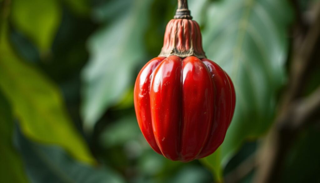 A vibrant, close-up photograph of a ripe guarana fruit, showcasing its distinct segmented shell and glossy, deep red hue. The fruit is suspended against a blurred, lush green foliage backdrop, evoking the rich, tropical environment of the Amazon rainforest. Soft, diffused lighting gently illuminates the fruit, highlighting its juicy, plump texture and natural sheen. The image conveys a sense of the guarana's potent, natural energy and its status as a revered superfood from the heart of the Amazon.