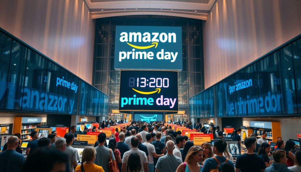 A vibrant, dynamic scene of the Amazon Prime Day event unfolding, captured with a wide-angle lens against a backdrop of modern, sleek architecture. In the foreground, a crowd of eager shoppers navigates through a maze of brightly colored product displays, each vying for attention. The middle ground features a towering digital countdown clock, its numerals pulsing with a sense of urgency, while the background showcases the Amazon logo and a futuristic, high-tech ambiance. Soft, diffused lighting creates a warm, inviting atmosphere, and the overall composition conveys the excitement and energy of this annual shopping extravaganza.