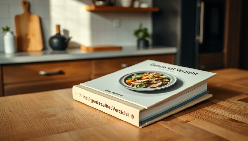 A vibrant, hardcover cookbook titled "Genuss statt Verzicht" (Indulgence instead of Deprivation) rests on a wooden table, its cover featuring a delicious, freshly-prepared meal. The book's design is minimalist yet elegant, with a muted color palette that evokes a sense of balance and moderation. The lighting is warm and natural, casting a soft glow that enhances the book's tactile quality. In the background, a sparse, uncluttered kitchen scene suggests a lifestyle of mindful, enjoyable cooking, free from rigid dietary restrictions. The overall composition conveys a message of simple, satisfying cuisine that nourishes both body and spirit.