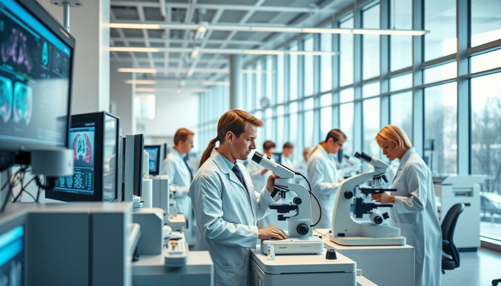 A vibrant, high-resolution image of a modern medical research laboratory focused on COPD (Chronic Obstructive Pulmonary Disease) studies. The foreground showcases state-of-the-art diagnostic equipment and computer monitors displaying detailed medical data. In the middle ground, a team of white-coated scientists and researchers intently studying patient samples under microscopes, their expressions conveying a sense of dedicated focus. The background features sleek, minimalist architecture with large windows allowing ample natural light to flood the space, creating an atmosphere of scientific advancement and discovery. Subtle hints of the German language, such as equipment labels or signage, hint at the context of the research. The overall mood is one of scientific progress, innovation, and the pursuit of improved treatments for COPD.
