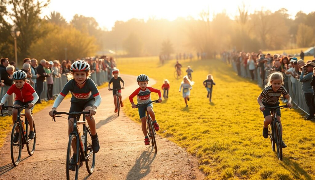 A vibrant scene of a Kinder-Cross Duathlon event for young athletes. In the foreground, a group of children racing on bicycles, faces determined, bodies leaning forward as they navigate a winding course. The middle ground features a running segment, with kids sprinting across a grassy field, their legs pumping furiously. In the background, a supportive crowd cheers them on, parents and coaches lining the sidelines. Warm, golden sunlight filters through the scene, creating a sense of energy and excitement. The overall atmosphere conveys the joy and camaraderie of a family-friendly athletic competition, perfectly capturing the spirit of a Nachwuchs (youth) event.