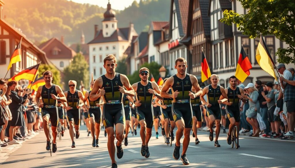 A vibrant scene of a regional triathlon event in Germany. In the foreground, a group of athletes in sleek triathlon suits race through the streets, their powerful strides and determined expressions capturing the intense competition. In the middle ground, spectators line the course, cheering and waving flags to support their local heroes. The background features picturesque German architecture, with historic buildings and lush greenery providing a stunning backdrop. The scene is bathed in warm, golden sunlight, creating a sense of energy and excitement. The overall atmosphere conveys the pride and excitement of a community-driven sporting event, showcasing the best of regional triathlon in Germany.