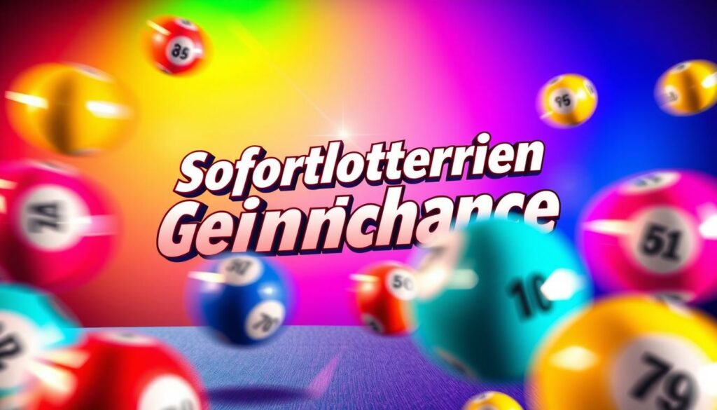 A vivid and dynamic scene of an instant lottery drawing, set against a bold and colorful backdrop. In the foreground, a set of lottery balls in vibrant hues tumble and spin, captured in a crisp, high-shutter-speed shot that freezes their motion. The middle ground features a stylized representation of the "Sofortlotterien Gewinnchance" text, rendered in an eye-catching typographic treatment with a sense of energy and movement. The background is a vibrant, gradient-filled environment, evoking a sense of excitement and anticipation, with dynamic lighting that casts dramatic shadows and highlights the central lottery action. The overall composition and color palette convey the thrill and potential of instant lottery winnings.
