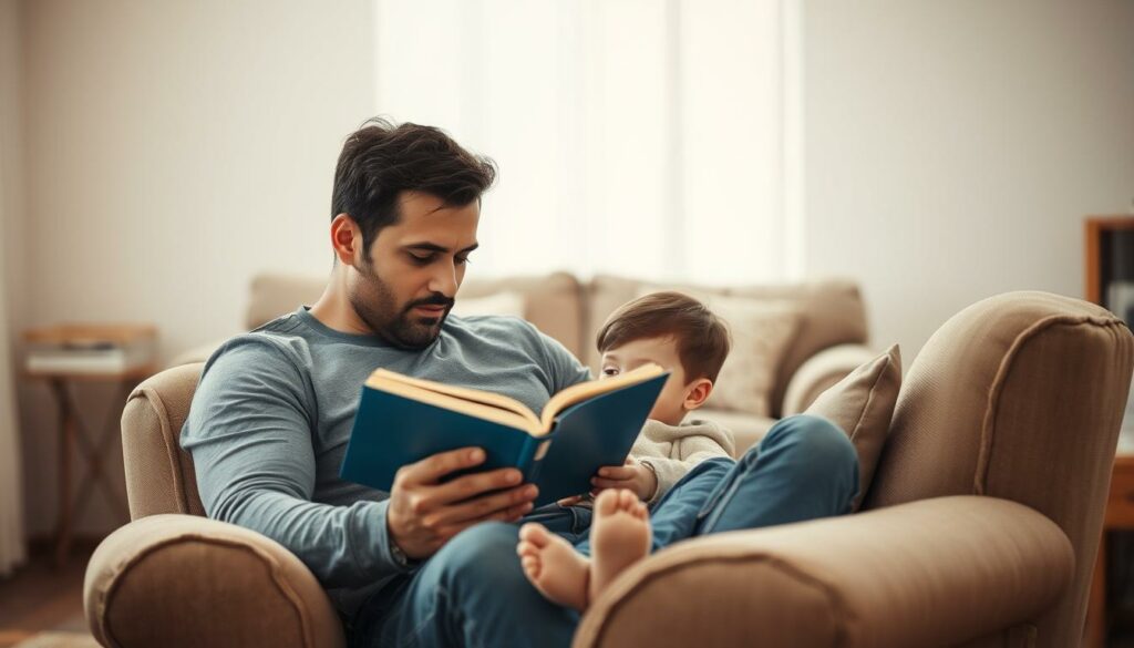 A warm and intimate family scene of a father and his young son sharing a quiet moment of everyday life. In the cozy foreground, the father sits on a plush armchair, his son nestled comfortably on his lap as they read a book together, their expressions serene and engaged. The lighting is soft and natural, casting a gentle glow across their faces. In the middle ground, simple yet welcoming furnishings suggest a comfortable, lived-in home environment. The background fades into a hazy, out-of-focus backdrop, allowing the central figures to take center stage and convey a sense of tranquility and familial connection.