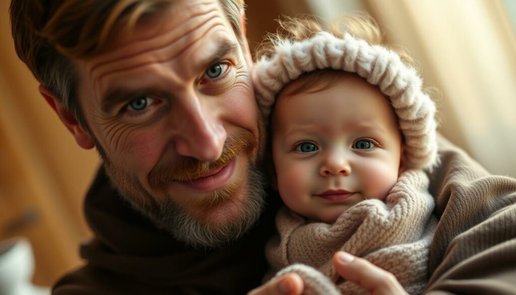 A warm, candid portrait of Jimi Blue Ochsenknecht and his young daughter Snow. In the foreground, Jimi gazes lovingly at the camera, his eyes filled with paternal affection. Snow sits nestled in his arms, her cherubic face framed by a halo of soft, downy curls. The lighting is gentle, casting a soft, golden glow that envelops the pair, creating an intimate, tender atmosphere. The background is pleasantly blurred, keeping the focus on the father-daughter duo. Captured with a shallow depth of field, this image conveys the profound bond and joy they share.