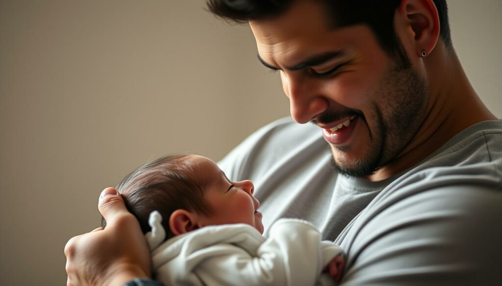 A warm, close-up portrait of Wilmer Valderrama tenderly cradling his newborn baby in his arms, with a serene, loving expression on his face. The scene is bathed in soft, natural lighting that highlights the gentle bond between father and child. The background is softly blurred, placing the focus entirely on this intimate moment. Valderrama's features are clearly visible, showcasing his genuine joy and pride as he gazes down at his child. The image conveys a sense of profound connection and the profound responsibility of fatherhood.