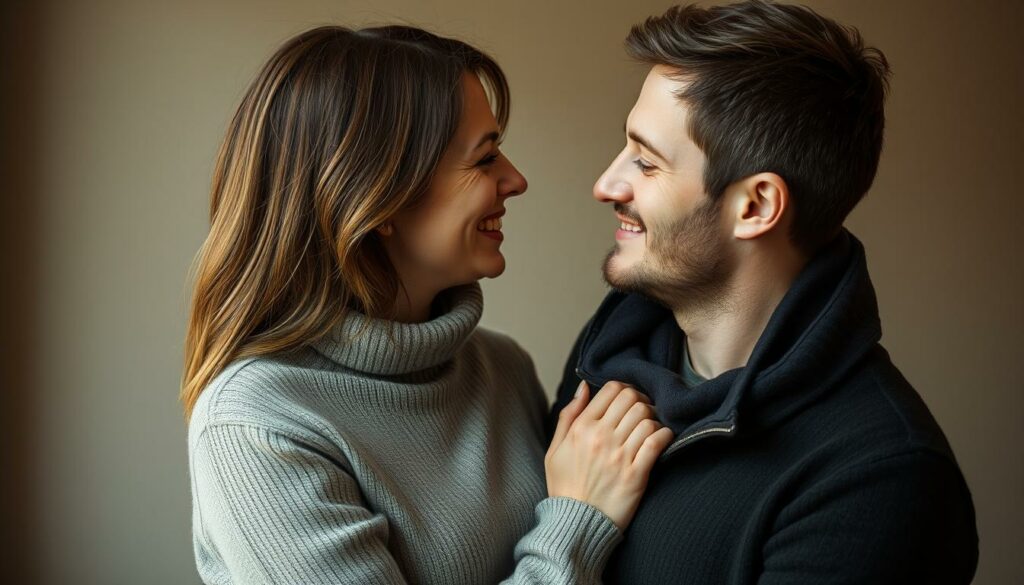 A warm, intimate portrait of Julia Prokopy and Nico Schwanz, their connection palpable as they stand close, gazing into each other's eyes with affection. Soft, natural lighting caresses their faces, casting gentle shadows that accentuate their features. The background is subtly blurred, keeping the focus on the couple's interaction - a tender moment captured in time. Their body language exudes a sense of trust and understanding, hinting at the depth of their relationship. The overall mood is one of tranquility and genuine human connection.