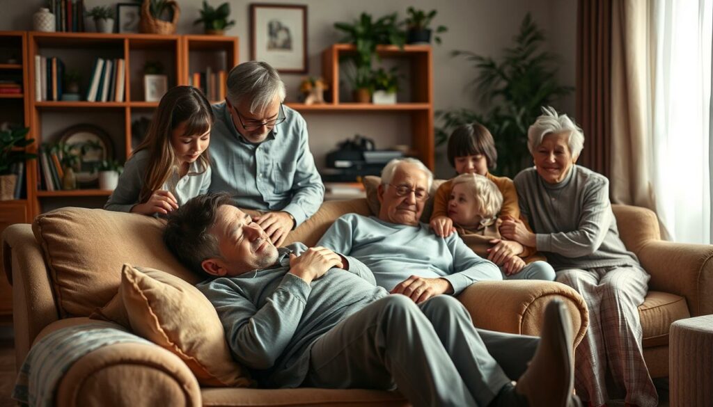 A warm, intimate scene of a family gathering, showcasing their unwavering support for a loved one. In the foreground, a man resting on a plush armchair, surrounded by his close-knit family - a wife gently holding his hand, children sitting nearby, and grandparents offering comforting embraces. The lighting is soft and inviting, casting a gentle glow that highlights the familial bonds. In the background, a cozy, well-appointed living room, with bookshelves, potted plants, and personal mementos, creating a sense of familiar comfort. The overall atmosphere conveys a profound sense of care, understanding, and the restorative power of a loving family during a time of need.