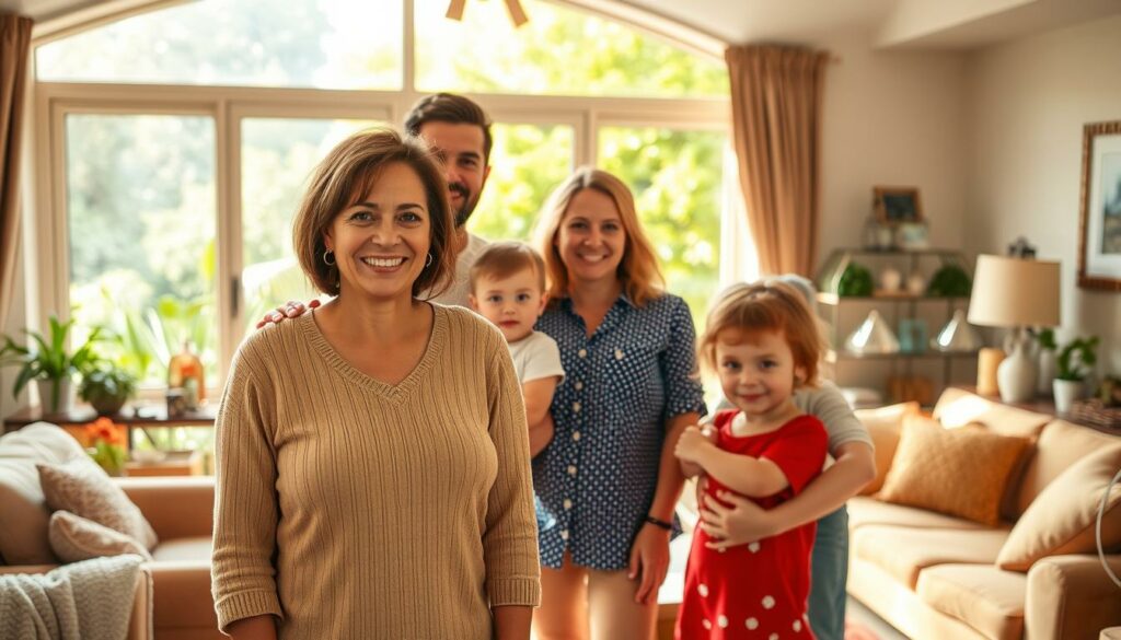 A warm, natural family portrait of Funda Vanroy and her loved ones. In the foreground, Funda stands smiling, surrounded by her husband and two young children, all dressed in casual, comfortable attire. The middle ground showcases a cozy, sun-dappled living room, with plush furnishings and personal mementos. In the background, a large window offers a glimpse of a lush, verdant garden, creating a sense of tranquility and contentment. The lighting is soft and diffused, casting a gentle, golden glow over the scene. The composition is balanced and inviting, conveying the close-knit, affectionate nature of Funda Vanroy's private family life.