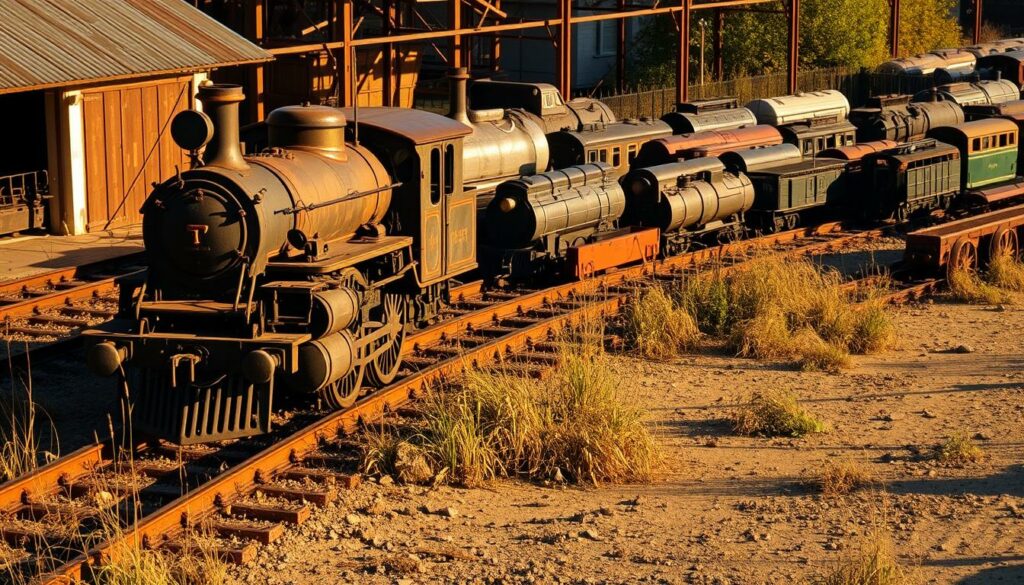 A weathered, dilapidated train yard with historic locomotive models left to decay on the sidetrack. In the foreground, a vintage steam engine sits atop rusting rails, its once-gleaming facade now tarnished by time. Further back, a collection of smaller model trains, both diesel and electric, are parked haphazardly, their once-vibrant colors faded. The scene is bathed in a golden, late-afternoon light, casting long shadows across the dusty ground. Weeds and overgrown vegetation encroach on the tracks, symbolizing the neglect and abandonment of these once-prized technological marvels. A melancholic, nostalgic atmosphere pervades the image, evoking a sense of the past slipping away.