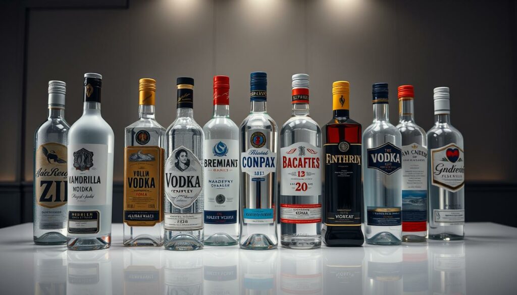 A well-lit, contemporary display of an impressive selection of premium vodka bottles. The foreground features several distinctive glass bottles with elegant labels, arranged neatly on a sleek, reflective surface. The middle ground showcases a variety of vodka types, from smooth and creamy to bold and complex, all visually appealing. The background subtly suggests an upscale, minimalist setting, with subtle lighting and neutral tones that allow the vodka bottles to take center stage. The overall composition conveys a sense of sophistication, quality, and attention to detail, perfectly capturing the essence of "herausragende Wodkas Auswahl."
