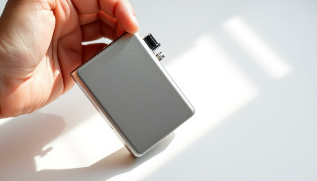 A well-lit, detailed image of a person's hand holding a sleek, modern e-cigarette vape device. The vape has a minimalist, cylindrical design in a metallic silver or grey tone. The background is a clean, white or light-colored surface, creating a simple, uncluttered composition that focuses attention on the vape device. The lighting is soft and natural, casting gentle shadows that accentuate the form and texture of the vape. The angle showcases the device from a slightly elevated perspective, highlighting its stylish, premium appearance. The overall mood is modern, sophisticated, and inviting, conveying the careful selection of the "right" vape device.