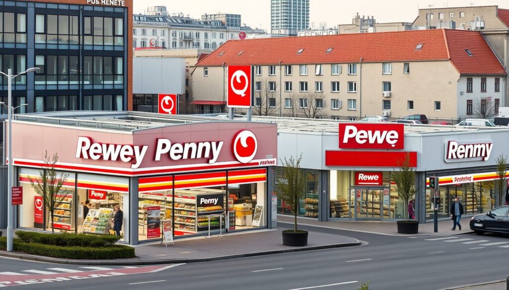 A well-lit, high-resolution exterior view of multiple Rewe Penny supermarket locations, showcasing their distinctive red and white branding, modern store designs, and prominent signage. The image should capture the scale and prevalence of the Penny brand within a typical German urban or suburban landscape, conveying a sense of the brand's ubiquity and market dominance. The stores should be depicted from a slightly elevated angle, allowing the viewer to see the layout and organization of the Penny locations in relation to the surrounding environment. The image should have a clean, professional aesthetic, emphasizing the sleek, efficient, and consumer-friendly nature of the Penny brand.
