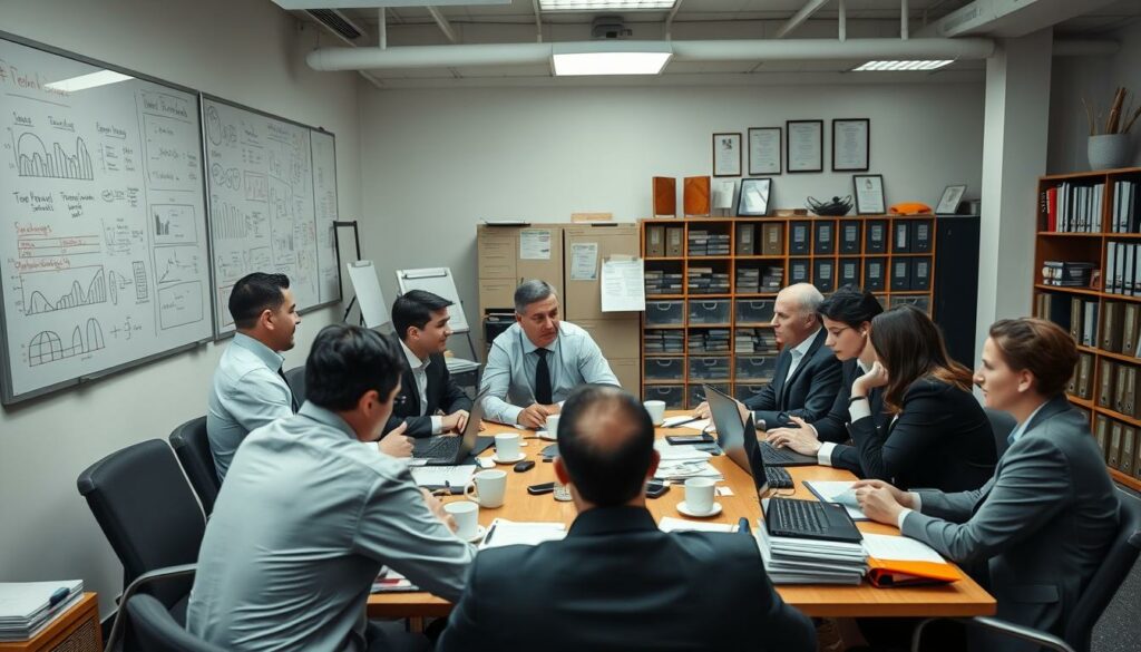 A well-lit, interior scene of a busy office space in the midst of a corporate restructuring. In the foreground, a team of professionals in formal attire are gathered around a conference table, engaged in a serious discussion. Stacks of documents, laptops, and coffee mugs suggest an atmosphere of intense focus and problem-solving. The middle ground features a wall of whiteboards covered in charts, diagrams, and handwritten notes, hinting at the complex financial and operational challenges being addressed. The background showcases an array of filing cabinets, bookcases, and framed certifications, conveying a sense of institutional expertise and experience. The overall mood is one of determination and a collaborative effort to navigate the "Sanierung in Eigenverwaltung" process.