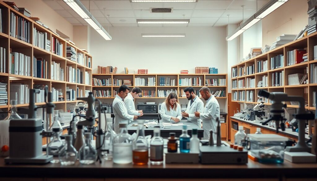 A well-lit laboratory interior with scientific equipment and instruments arranged in the foreground, including beakers, test tubes, microscopes, and other apparatus. In the middle ground, researchers in white lab coats are engaged in focused discussions, examining data and collaborating over a large table. The background features floor-to-ceiling shelves filled with scientific journals, books, and reference materials, conveying a sense of academic rigor and scholarly pursuit. Warm, neutral lighting casts a thoughtful, contemplative atmosphere, highlighting the serious yet dynamic nature of the scientific studies being conducted.