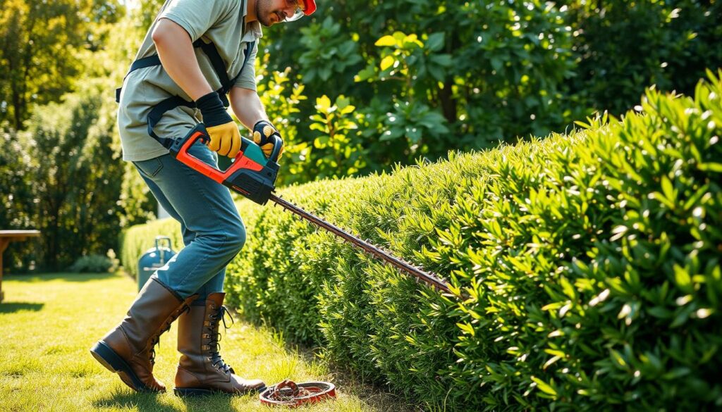 A well-lit outdoor scene showcasing proper safety practices during hedge trimming. In the foreground, a person in safety gear, such as protective goggles, gloves, and sturdy boots, carefully operating a electric hedge trimmer. The middle ground features a neatly trimmed hedge, with clippings gathered in a container nearby. The background depicts a lush, verdant garden setting, with sunlight filtering through the leaves. The overall atmosphere conveys a sense of focus, caution, and environmental stewardship.