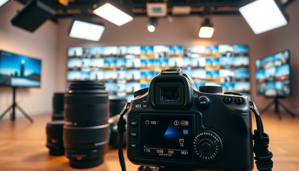 A well-lit studio scene showcasing various camera settings. In the foreground, a DSLR camera with a selection of lens options arranged neatly. The middle ground features a camera interface with dials, buttons, and a large display demonstrating aperture, shutter speed, and ISO settings. In the background, a softly blurred wall displays a grid of sample images, highlighting the effects of different camera configurations. Warm, natural lighting from overhead sources creates a professional, educational atmosphere, inviting the viewer to explore the intricacies of camera operation.