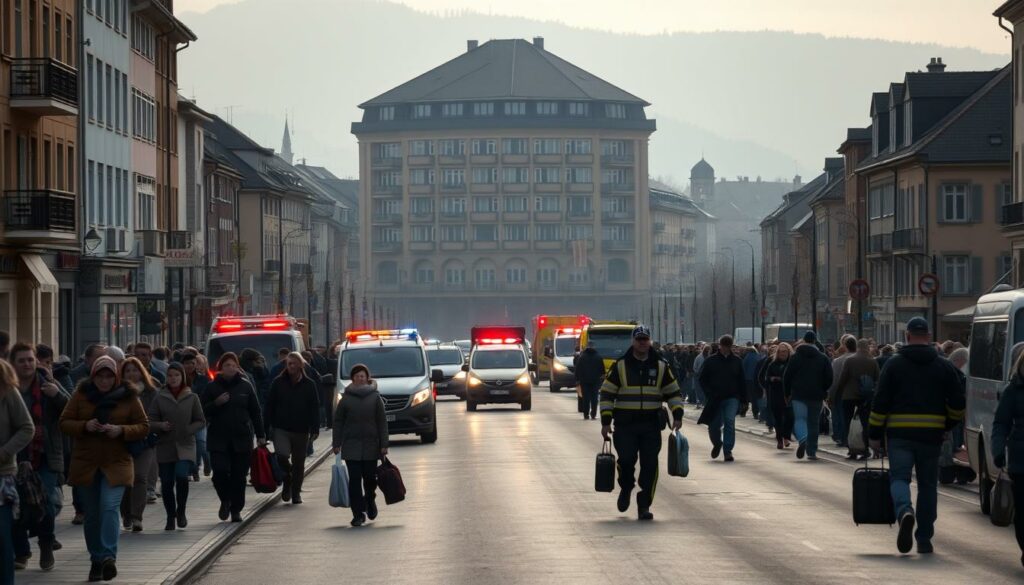 A wide street in the city of Cham, Germany, with a large-scale evacuation in progress. In the foreground, people of all ages hurry along the sidewalks, carrying bags and suitcases. Emergency vehicles with flashing lights line the street, and police officers direct the flow of traffic. In the middle ground, several multi-story buildings stand, their windows illuminated, suggesting the ongoing evacuation. The background is hazy, with a sense of urgency and tension in the air. The lighting is a mix of natural daylight and the warm glow of streetlamps, creating a moody, cinematic atmosphere. The camera angle is slightly elevated, capturing the scope of the event. Overall, the image conveys the scale and gravity of the "Großevakuierung" (large-scale evacuation) in Cham.