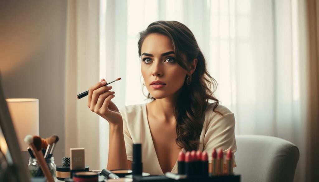 A woman applying makeup with delicate, precise strokes, her gaze intense and focused. The vanity table before her is neatly arranged with an array of cosmetics - brushes, compacts, and lipsticks in a range of hues. Soft, diffused lighting from a nearby window bathes the scene in a warm, flattering glow, casting subtle shadows that accentuate the contours of her face. Her expression is one of quiet confidence, a subtle shift in her demeanor signaling her readiness to present her best self to the world. The overall mood is intimate, sensual, and empowered, capturing the essence of a woman preparing to embrace her allure.