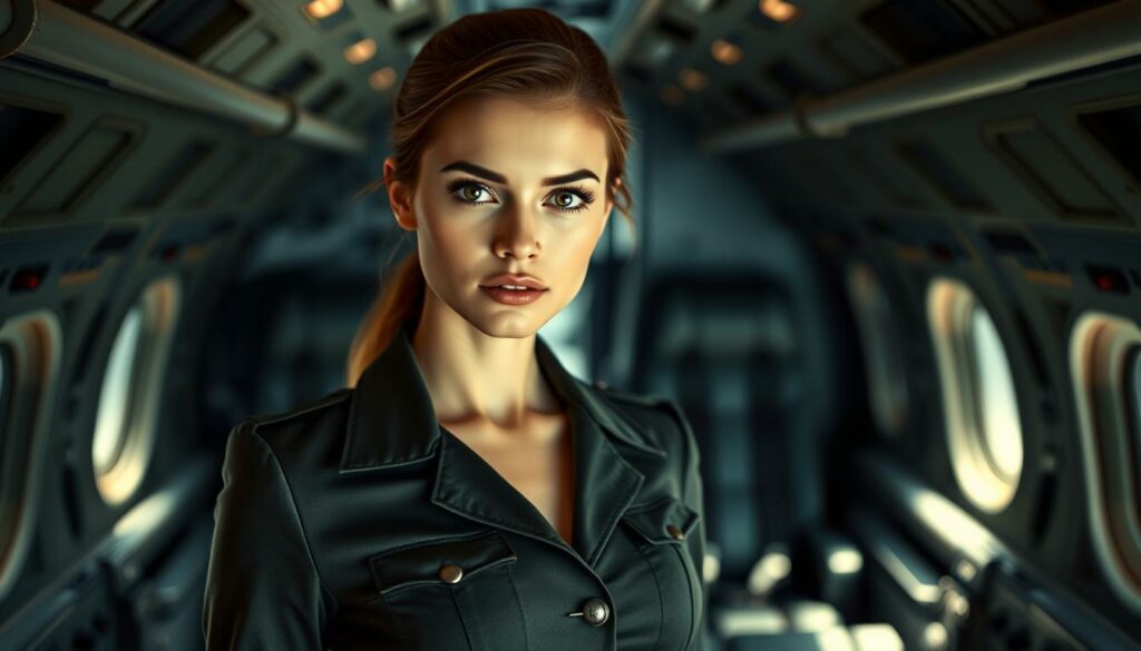 A young woman, Maria Shalaeva, stands confidently in the foreground, her gaze direct and captivating. She is dressed in a sleek, form-fitting military-style uniform, accentuating her lithe figure. The lighting is soft and flattering, creating a sense of drama and allure. In the middle ground, the interior of a military aircraft is visible, hinting at the scandalous nature of her presence there. The background is blurred, but suggests a sense of power and authority, perhaps alluding to the high-stakes world of the Kremlin. The overall mood is one of intrigue, sensuality, and the potential consequences of abusing one's position.