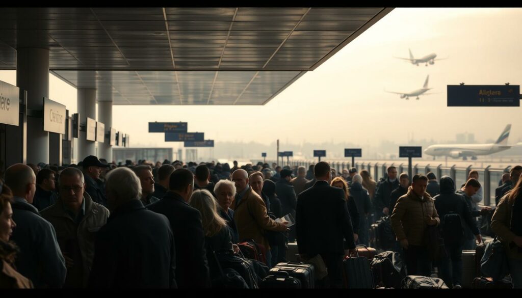 An airport terminal in chaos, with passengers and luggage strewn about amid a flurry of activity. Harsh, overhead lighting casts long shadows, creating a sense of urgency and stress. In the foreground, a line of frustrated travelers argue with airline staff, their expressions tense and voices raised. In the middle ground, airport security personnel attempt to restore order, ushering people through security checkpoints. The background is a blur of movement, with planes taking off and landing against a hazy, gray sky. The overall atmosphere is one of disarray and disruption, conveying the challenges faced by the Russian aviation industry amidst the ongoing conflict.