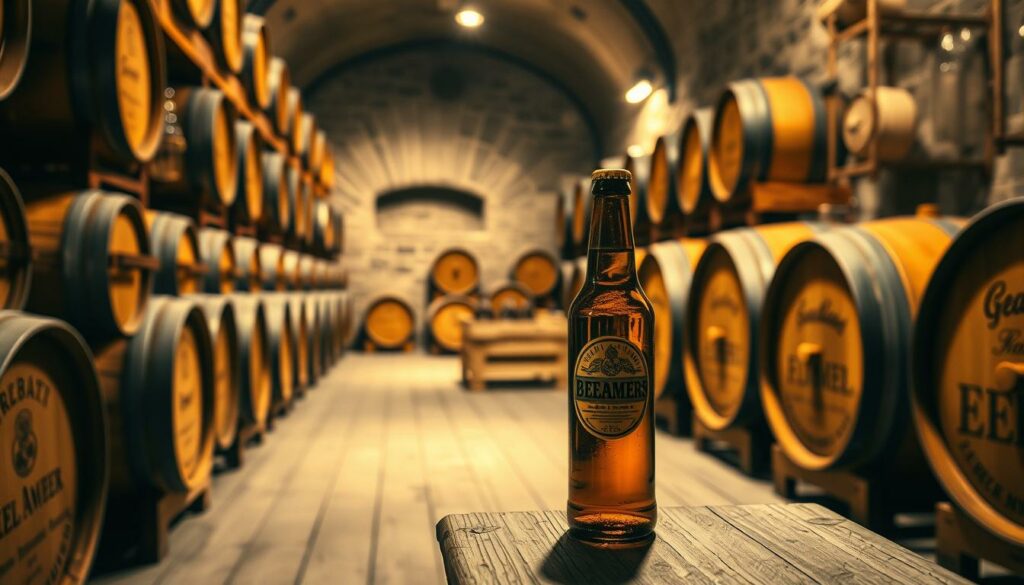 An elegantly lit interior scene depicting a traditional German beer cellar, with rows of oak barrels and bottles neatly arranged on wooden shelves. Soft, warm lighting casts a cozy glow, highlighting the rich textures of the aged wood and the amber hues of the stored beverages. In the foreground, a single bottle stands prominently, its label clearly visible, representing the careful aging and maturation process. The middle ground features additional barrels and crates, conveying a sense of organized storage and controlled environment. The background reveals a stone-walled architecture, reinforcing the historical and authentic atmosphere of a professional beer-making facility. An atmosphere of craftsmanship, patience, and the celebration of time-honored brewing traditions.