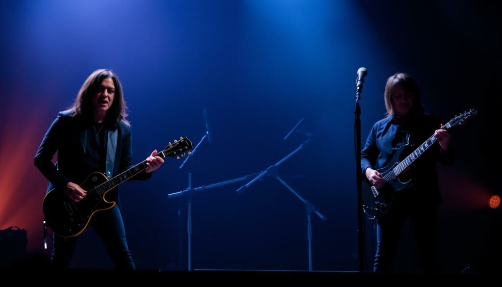 An intimate concert scene of the original Black Sabbath lineup - Ozzy Osbourne, Tony Iommi, Geezer Butler, and Bill Ward - performing on a dimly lit stage. The musicians are captured in a moody, atmospheric lighting, with Ozzy's powerful vocals and Iommi's signature guitar riffs taking center stage. The background is hazy, adding to the sense of energy and intensity. The image should convey the raw, heavy sound and the legendary status of this iconic heavy metal band, reflecting the final performance of Ozzy Osbourne with the original Black Sabbath lineup.