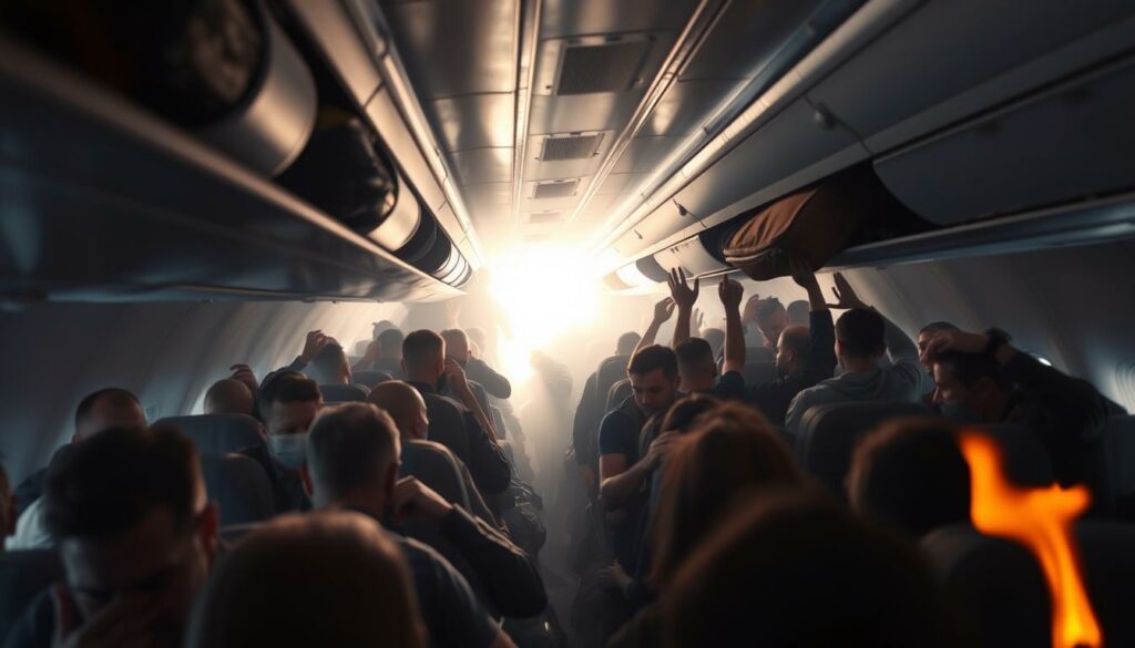 Chaotic scene on board a Ryanair aircraft, with passengers in a state of panic. Overhead compartments are open, luggage spilling out. Passengers scramble to exit the smoke-filled cabin, some covering their mouths, others reaching for their belongings. Harsh lighting casts dramatic shadows, creating an intense, unsettling atmosphere. The camera captures the frenzied movement from a low angle, conveying the claustrophobic and overwhelming nature of the situation. Flames lick at the edges of the frame, hinting at the gravity of the emergency unfolding. Shouts and cries of distress echo through the confined space, heightening the sense of chaos and urgency.