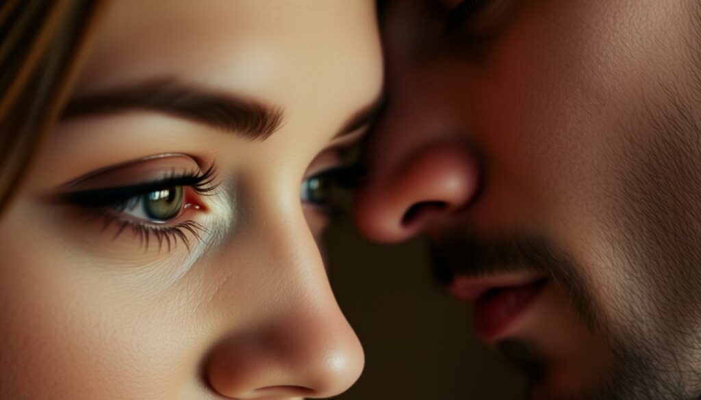 Close-up shot of a couple's eyes locked in an intense, soulful gaze. The woman's eyes are wide open, her pupils dilated, conveying a sense of genuine desire and arousal. The man's eyes are half-lidded, his gaze smoldering with a mixture of passion and tenderness. Soft, warm lighting creates a dreamy, intimate atmosphere, highlighting the delicate details of their irises and lashes. The background is blurred, placing the focus entirely on the powerful connection between their eyes. The image radiates an aura of genuine, unguarded intimacy, hinting at the unspoken feelings and heightened senses between the two individuals.