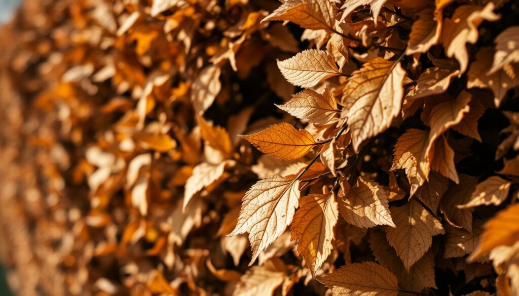 Close-up shot of brown, withered leaves on a dense hedge or shrub, with soft focus on the foreground. The leaves appear dry and cracked, with hints of yellow and orange hues, suggesting the end of the growing season. The background is slightly blurred, creating a sense of depth and drawing the viewer's attention to the detailed textures and imperfections of the foliage. Warm, natural lighting casts gentle shadows, emphasizing the delicate structures of the leaves. The overall composition evokes a sense of autumn, transition, and the need for careful hedge maintenance.