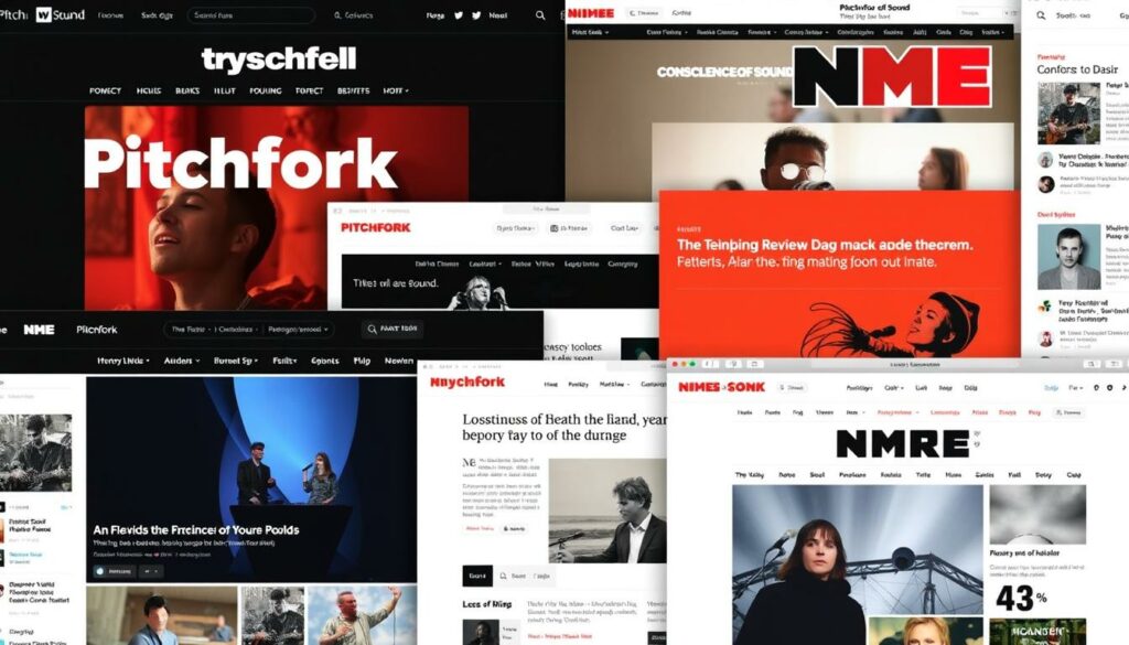 Collage internationaler Musikblogs wie Pitchfork, Consequence of Sound und NME