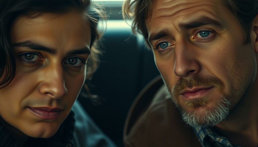 Detailed close-up portrait of the lead actors Nilam Farooq and Christoph Maria Herbst from the German tragicomedy film "CONTRA" on Netflix. The image should convey the film's poignant themes and messages, with a somber yet emotionally engaging atmosphere. Warm, naturalistic lighting highlights the characters' nuanced expressions, conveying the complex blend of humor and melancholy central to the film's narrative. The composition should be tightly framed, drawing the viewer's attention to the actors' faces and creating an intimate, contemplative mood. Subtle visual metaphors or symbolic elements may be incorporated to further emphasize the thematic depth of the work.