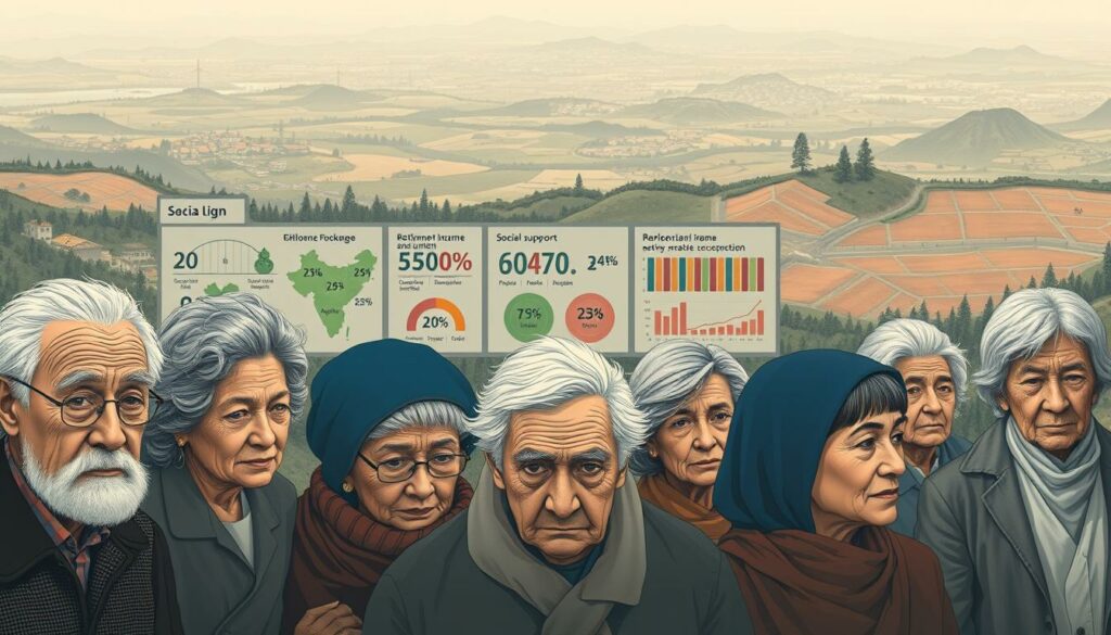 Detailed illustration depicting the regional differences in old-age poverty across a diverse landscape. In the foreground, a group of elderly individuals from various backgrounds, their faces etched with the strain of financial hardship. In the middle ground, a series of data visualizations and infographics showcasing the disparities in retirement income and social support between urban and rural areas, as well as gender-based discrepancies. The background features a panoramic view of the country, with regions of relative prosperity juxtaposed against areas of economic decline, creating a sense of the systemic nature of this issue. Crisp lighting, a muted color palette, and a somber, contemplative mood evoke the gravity of the subject matter.
