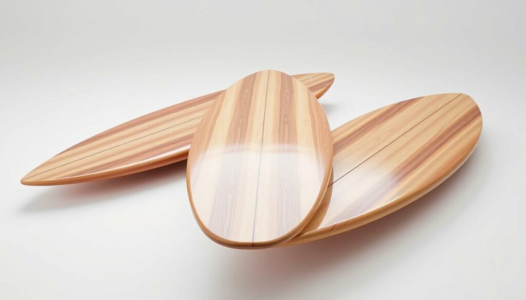 Detailed shot of three Porsche x Almond Surfboards, showcasing their sleek and minimalist design. Boards are positioned in a well-lit studio setting, with a clean white backdrop allowing the shapes and materials to take center stage. Emphasis on the smooth curves, sharp edges, and premium wood construction of the surfboards. Subtle reflections visible on the polished surfaces, capturing the high-quality craftsmanship. Composition highlights the visual harmony between the distinct board models, creating a cohesive and visually striking display. Lighting is soft and even, accentuating the natural wood grain and subtle color tones. Overall, a stylized and premium presentation of the surfboard designs.
