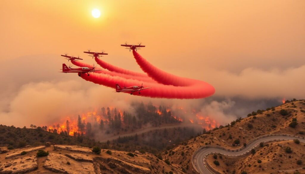 Dramatic aerial firefighting operation against a raging wildfire near Marseille Airport. A fleet of bright red fire-fighting planes swooping low over dense smoke, dropping bright orange retardant on the blazing treetops below. Powerful engines roar as the pilots skillfully maneuver their aircraft, banking and turning to douse the relentless flames. The sky is a hazy orange, sun peeking through the thick smoke. Rugged terrain and winding roads in the foreground, with charred remains of scorched vegetation. An intense, high-stakes battle between man and nature captured in a single, dynamic image.