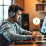 Eine Person hört Musik während sie einen Musikblog auf einem Laptop liest