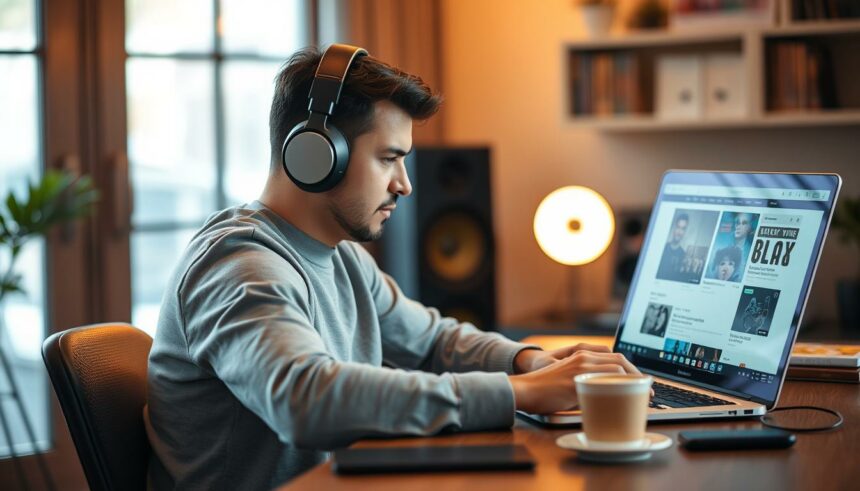 Eine Person hört Musik während sie einen Musikblog auf einem Laptop liest
