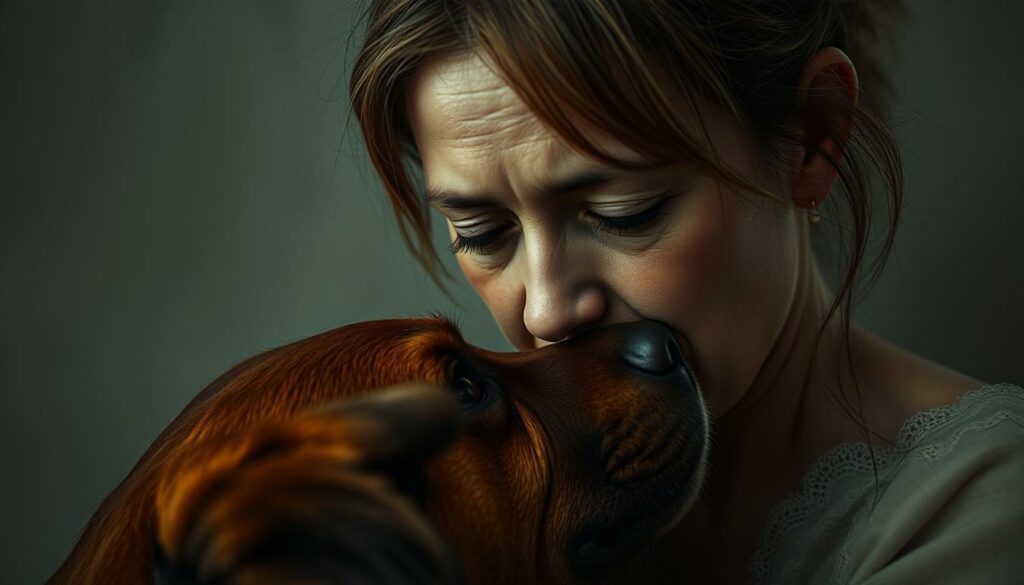 Emotionally-charged portrait of Anna Loos, her face etched with sorrow and compassion, as she bids farewell to her beloved companion, Tony the dog. Soft, muted lighting casts a somber, intimate atmosphere, highlighting the raw, vulnerable expression in her eyes and the subtle tremor of her lips. The composition draws the viewer's focus to the emotional weight of the moment, conveying the depth of her grief and the cherished bond shared between human and canine. Delicate, textured brushstrokes and a hazy, painterly aesthetic lend an artistic, evocative quality to the scene, capturing the profound emotional resonance of this poignant farewell.