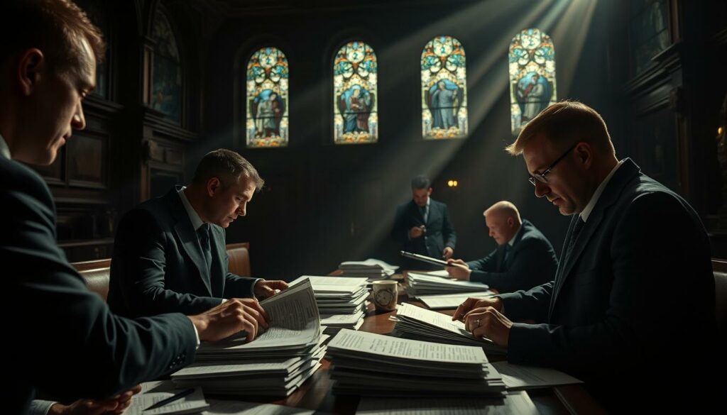 Intricate legal proceedings unfold in a dimly lit courthouse, the atmosphere thick with tension. Steely-eyed prosecutors pore over stacks of evidence, uncovering the complex web of a suspected terrorist plot. Shadowy figures emerge from the background, their faces obscured, while a sense of unease permeates the scene. Beams of light filter through stained glass windows, casting an ethereal glow over the proceedings, as the gravity of the situation weighs heavily. This image captures the high-stakes nature of the Generalstaatsanwaltschaft's (Office of the Attorney General) investigations, delving into the shadowy realm of alleged extremism in North Rhine-Westphalia.