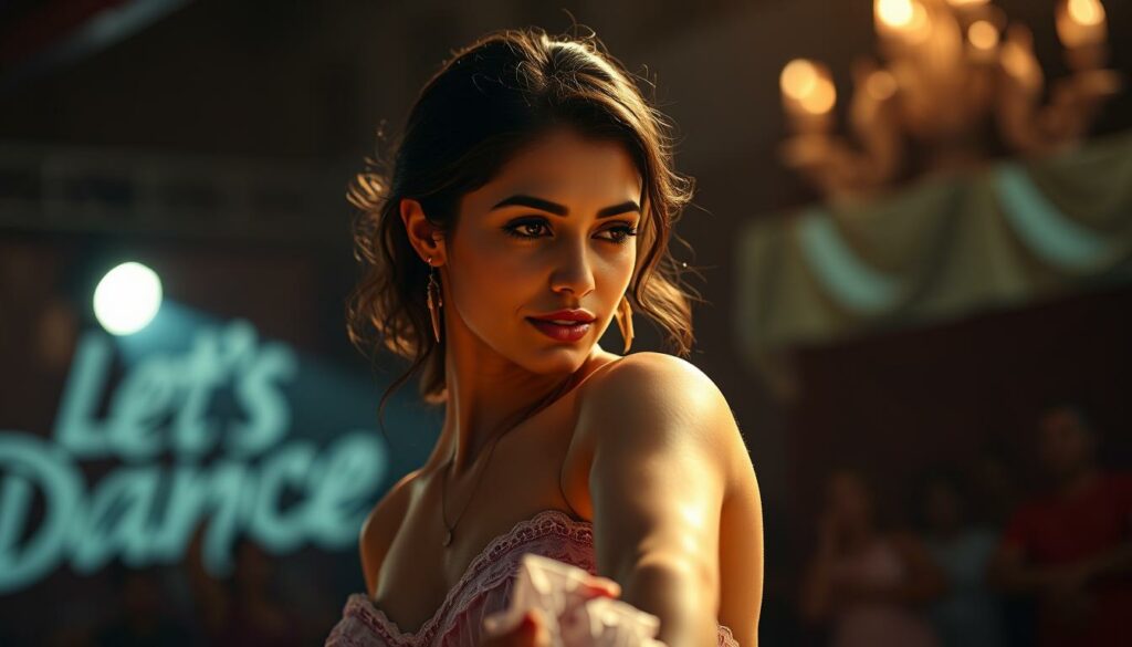 Leyla Lahouar, a captivating figure, stands center stage on the "Let's Dance" set, her expression brimming with raw emotion. Soft lighting casts a warm glow, accentuating the intensity in her eyes and the subtle quiver of her lips. The camera captures her in a medium shot, highlighting her graceful movements and the tension in her body as she pours her heart into the dance. The background is blurred, keeping the focus on Leyla's mesmerizing performance. A sense of vulnerability and determination emanates from the scene, inviting the viewer to connect with her journey from the Dschungelcamp to this poignant moment on the dance floor.