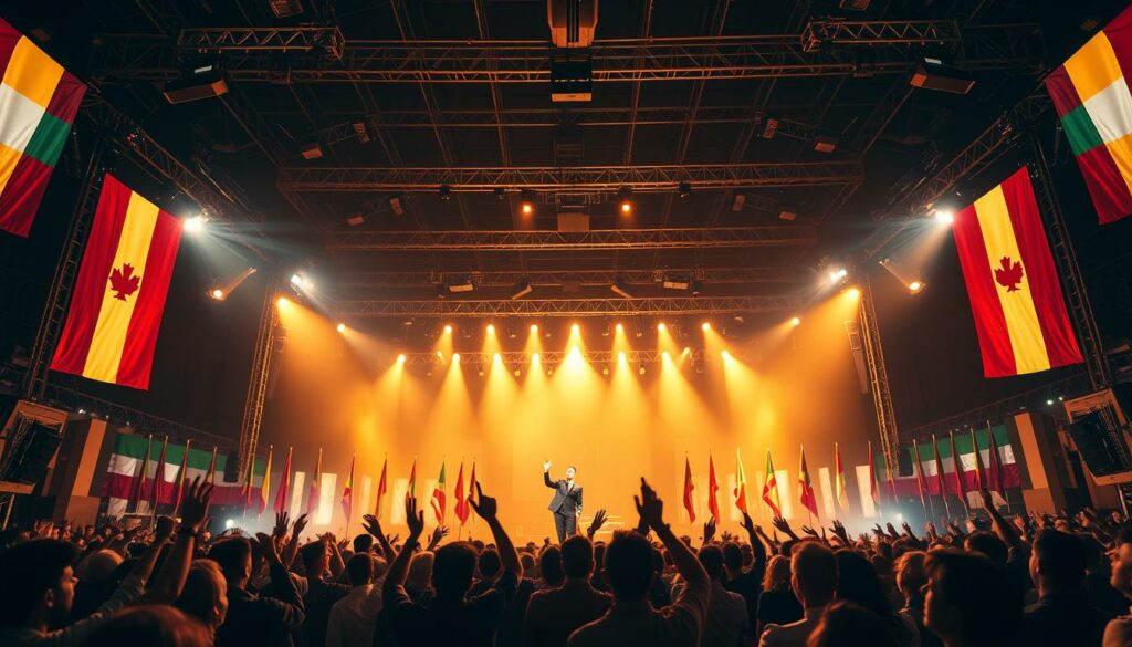 Nationalhymne-Erfolg: A majestic scene of a grand festival stage, adorned with the national flags of a triumphant country. In the center, a spotlight illuminates a talented performer, their voice soaring with emotion as they sing the national anthem. The audience, captivated, waves their arms in synchrony, their faces alight with patriotic fervor. The stage is framed by towering speakers and a backdrop of tiered seating, creating an atmosphere of grandeur and celebration. Warm, golden lighting imbues the scene with a sense of pride and accomplishment, while the sharp angles of the stage and lighting fixtures convey a sense of dynamism and energy.