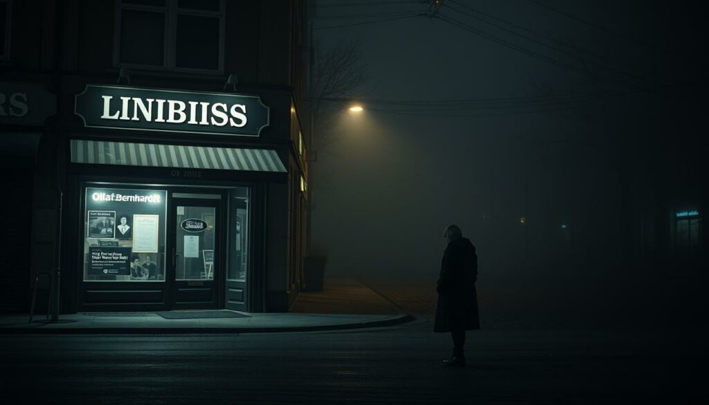 Olaf Bernhardt Imbiss Trauer: A somber scene in a dimly lit street, the façade of Olaf's beloved imbiss stands alone, its signage and lights extinguished, casting a melancholic shadow over the surroundings. In the foreground, a single solitary figure, draped in a heavy coat, stands motionless, head bowed in grief, paying respects to the departed. The middle ground is shrouded in a moody, atmospheric haze, while the background fades into a blur of gloomy, muted tones, reinforcing the sense of loss and finality. The lighting is soft and muted, creating a somber, almost elegiac mood, as if the very air itself is weighted with sorrow.